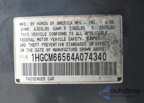 2004 Honda Accord 3.0 Ex from USA, damaged, VIN 1HGCM66564A074340
